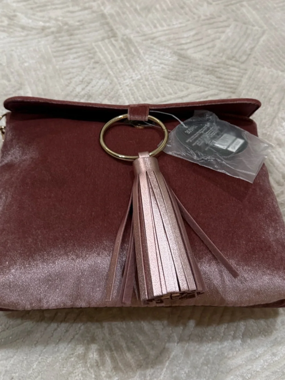 Fashion Bug Mauve Velvet Tassel Clutch – Gold Ring Handle – Like New